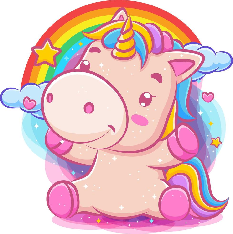 adorabile unicorno carino si siede con sfondo arcobaleno vettore