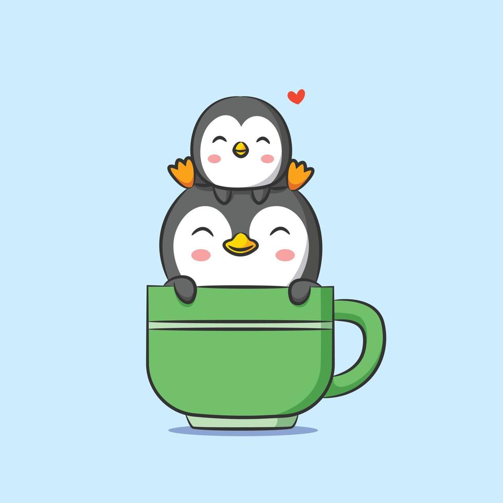 il pinguino piccolo e grande è seduto sulla tazza da tè con il colore verde vettore