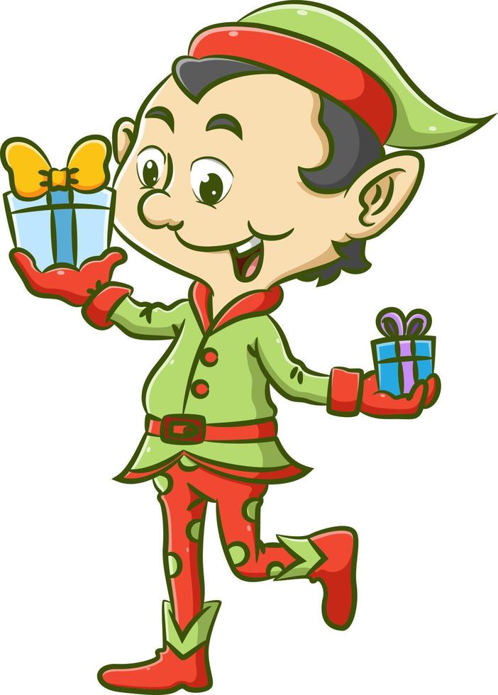 il ragazzo elfo sta usando il costume verde e rosso tenendo in mano due regali per i suoi amici vettore