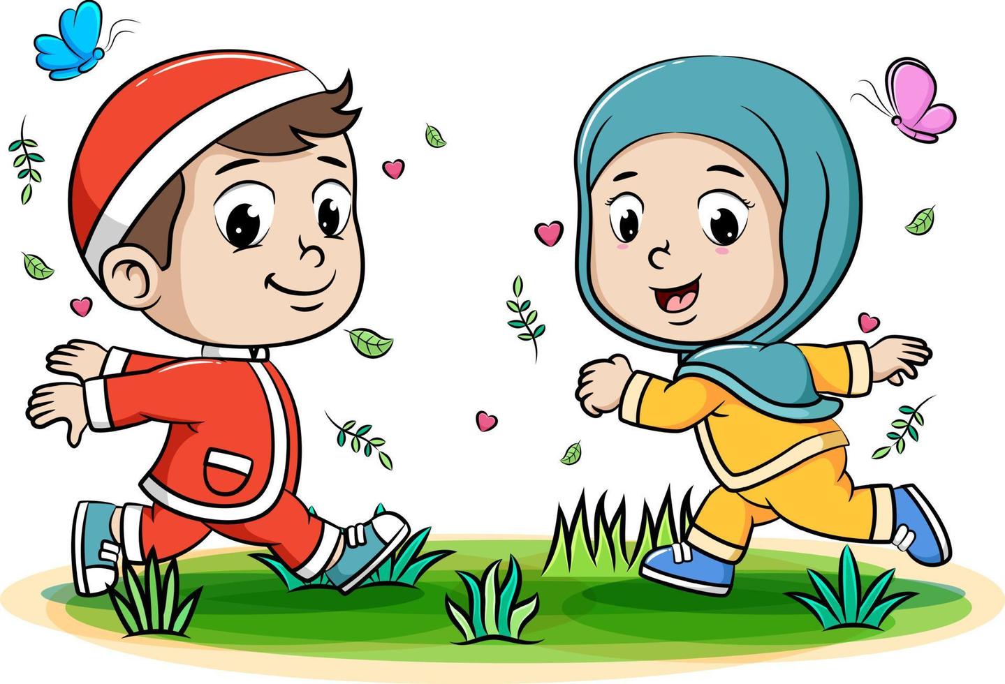 felici due adolescenti musulmani che corrono nel parco vettore