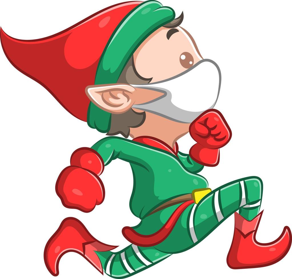 il ragazzino elfo con il cappello rosso di natale sta correndo vettore