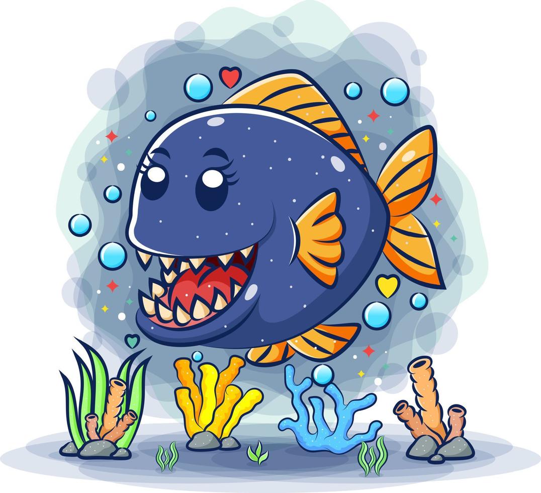 il simpatico piranha con i denti aguzzi sotto il mare vettore
