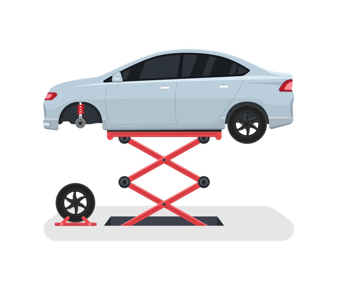 cambiare una ruota su una macchina. riparazione pneumatici con sollevatore. illustrazione vettoriale