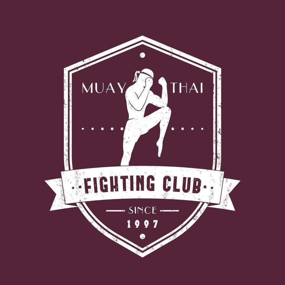 emblema vintage del club di combattimento muay thai con combattente, logo, stampa t-shirt, illustrazione vettoriale