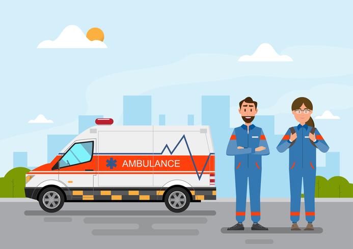 servizio medico dell&#39;ambulanza che trasporta il paziente con il personale dell&#39;uomo e della donna vettore