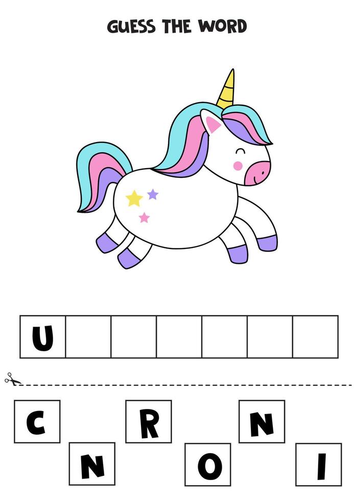 gioco di ortografia per bambini. unicorno simpatico cartone animato. vettore