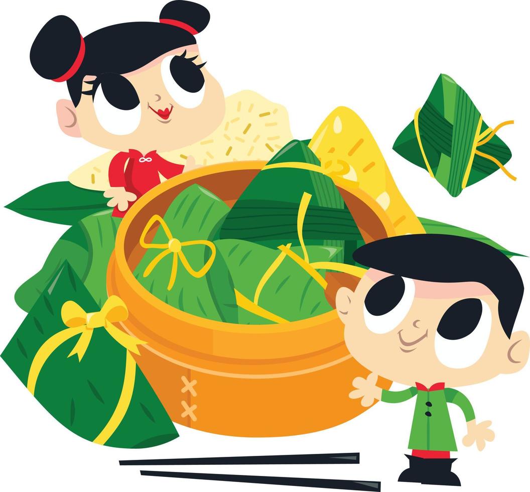 cesto gigante di gnocchi di riso cinesi dei cartoni animati vettore