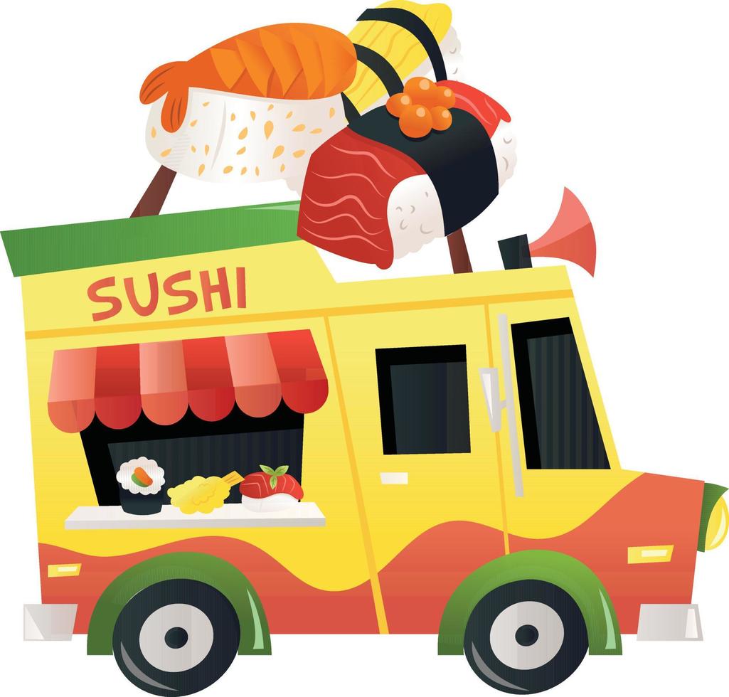 camion di cibo di sushi dei cartoni animati vettore