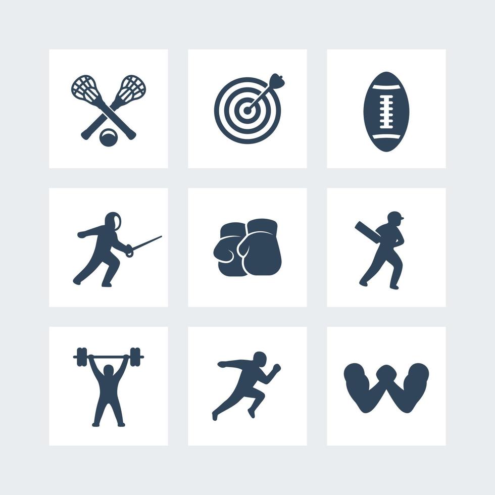 icone sportive isolate su bianco, tiro con l'arco, boxe, lacrosse, cricket, corsa sprint, braccio di ferro, scherma, calcio, illustrazione vettoriale