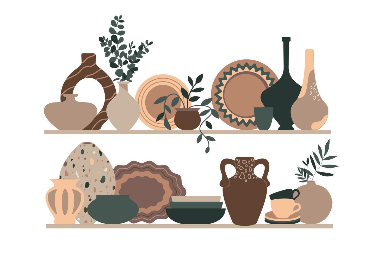set di piatti, piatti colorati, ciotole, vasi in ceramica con piante e una brocca su sfondo bianco. vettore