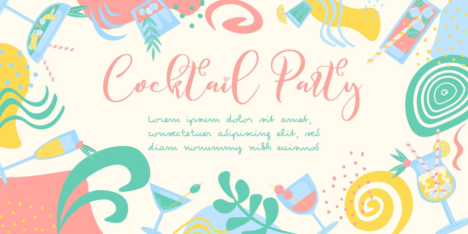 banner per volantini cocktail party in colori alla moda. bevande estive con limone, frutti di bosco, menta, ghiaccio e paglia. invito a una festa, un pub, un ristorante o un club. cocktail alcolico fresco e freddo. illustrazione vettoriale. vettore