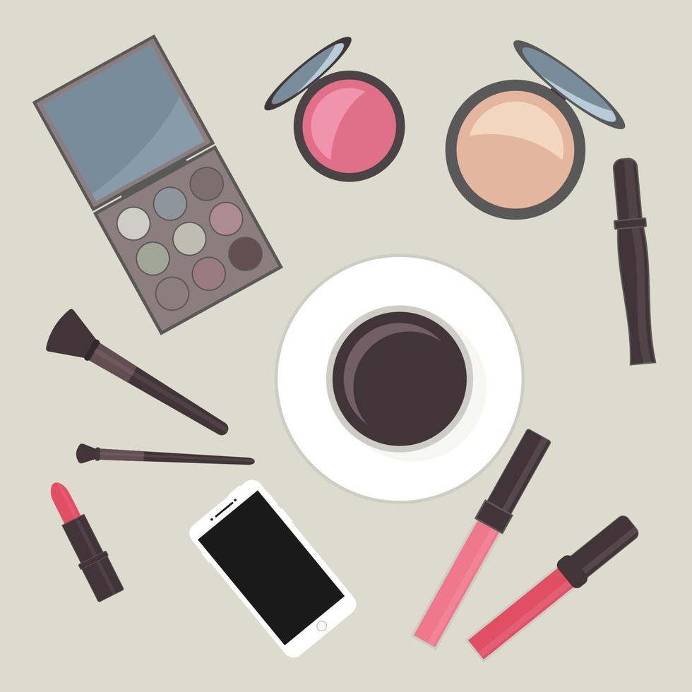 accessori cosmetici piatti e tazza di caffè. tavolo da trucco. concetto di bellezza, moda, glamour. disegno vettoriale per saloni di bellezza, blogger, social media, siti Web, logo, carte, ecc.