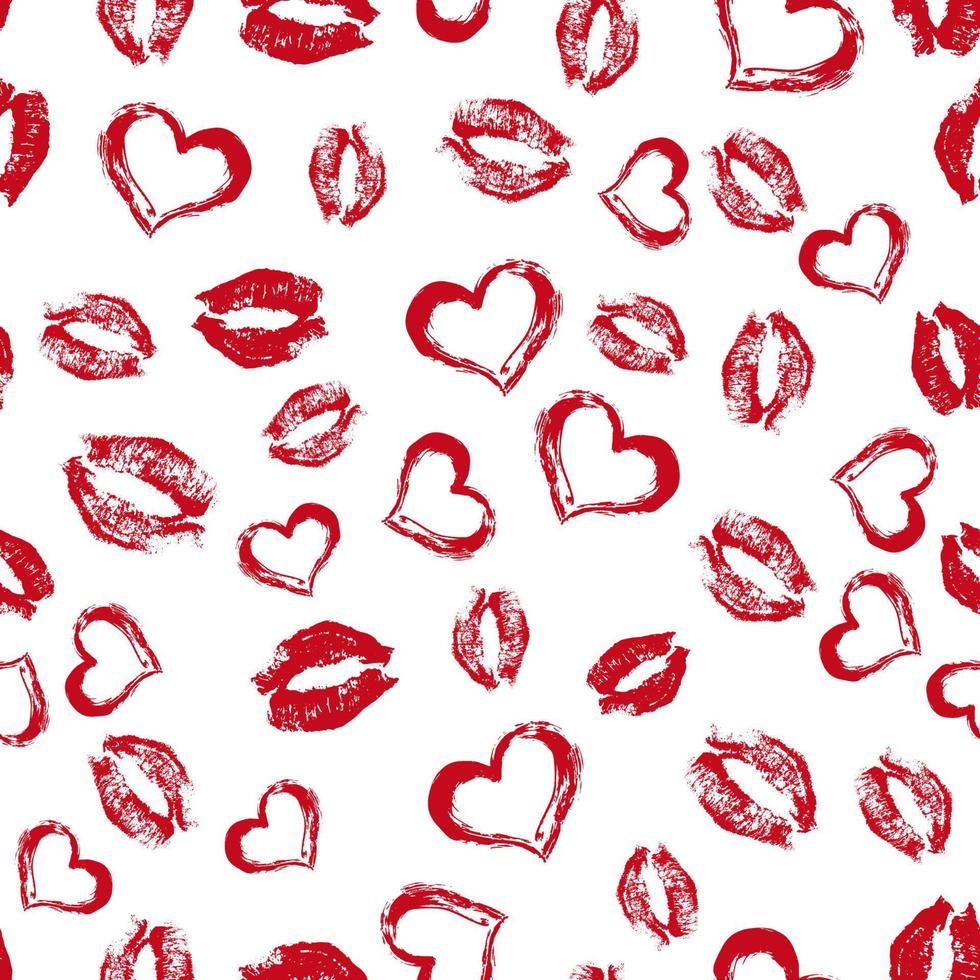 senza cuciture rossetto rosso baci e cuori su sfondo bianco. labbra stampe illustrazione vettoriale. perfetto per biglietti di auguri di San Valentino, design tessile, carta da regalo, pacchetti di cosmetici, ecc. vettore