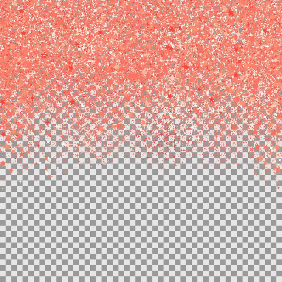 coriandoli nei toni del corallo vivo bordo isolato su trasparente. il colore dell'anno 2019. punti e stelle di scintillii che cadono. sfondo vettoriale di polvere lucida. effetto texture glitter oro rosa