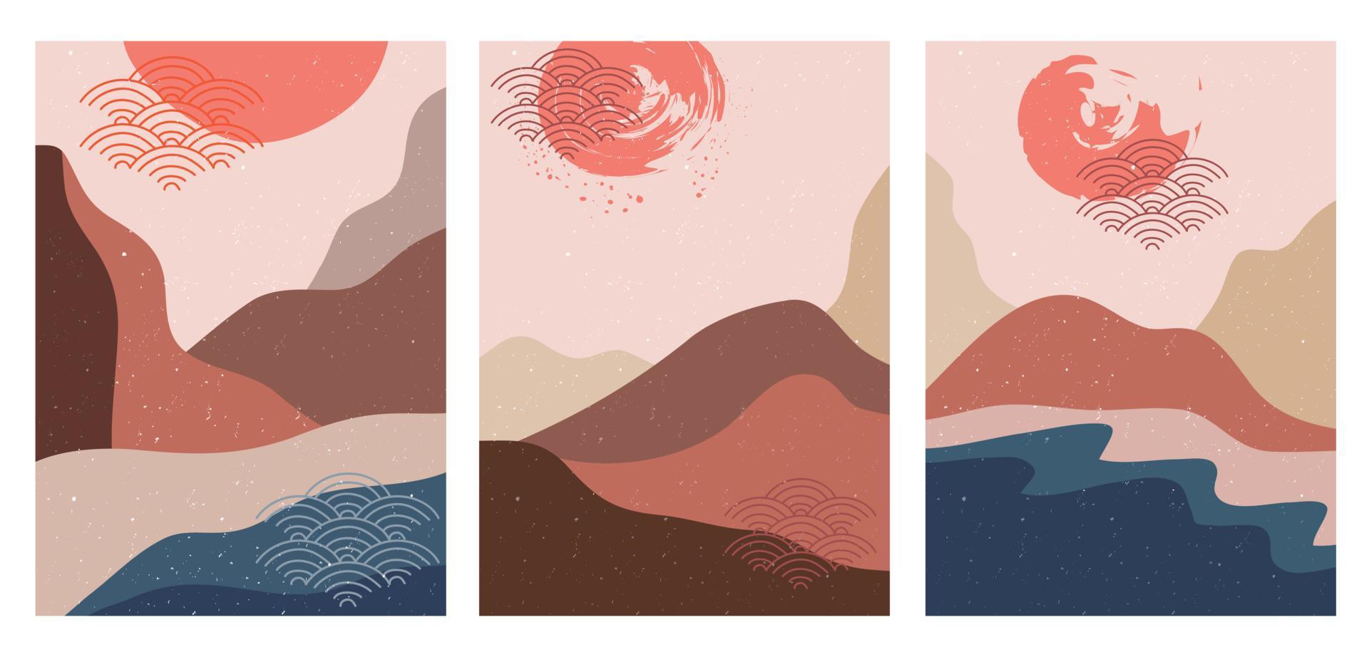 contemporaneo astratto. manifesto del paesaggio di montagna. sfondo del paesaggio geometrico in stile giapponese asiatico. illustrazione vettoriale