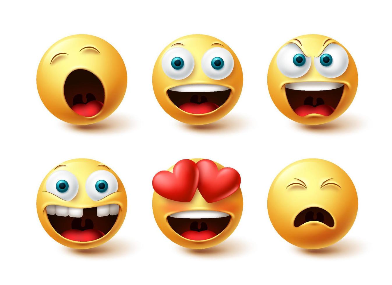 insieme di vettore felice emoji. emoticon felice, innamorato e assonnato raccolta di espressioni facciali isolate in sfondo bianco per elementi di design grafico. illustrazione vettoriale