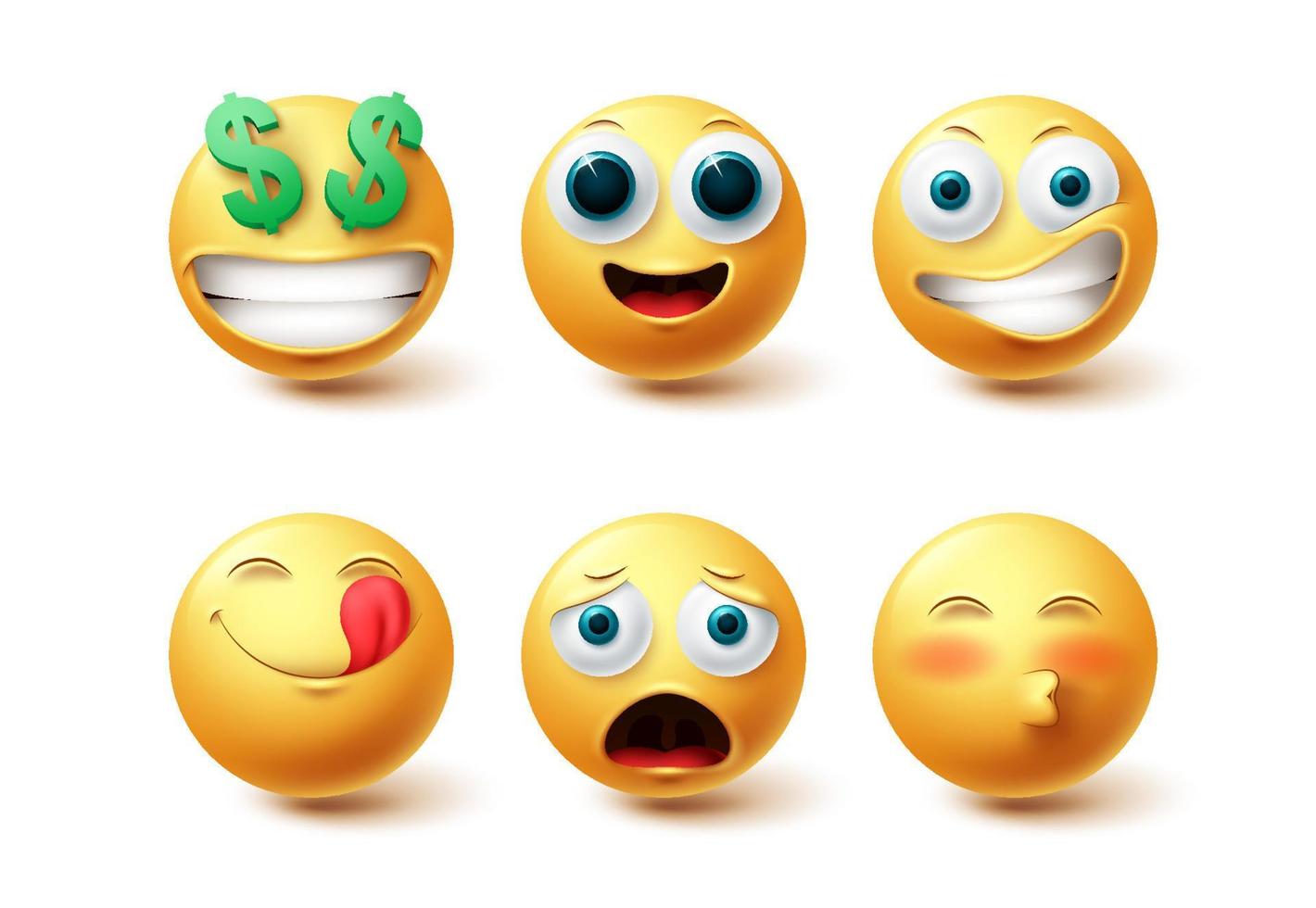 insieme di vettore di emoji. emoticon felice raccolta espressioni facciali isolate in sfondo bianco per elementi di design grafico. illustrazione vettoriale