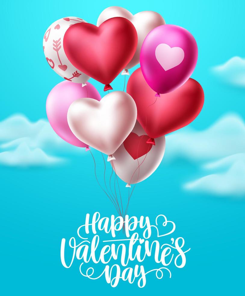 disegno vettoriale di palloncini cuore di San Valentino. Buon San Valentino testo con mazzo colorato di palloncini cuore per San Valentino e feste di compleanno sullo sfondo del cielo blu. illustrazione vettoriale.