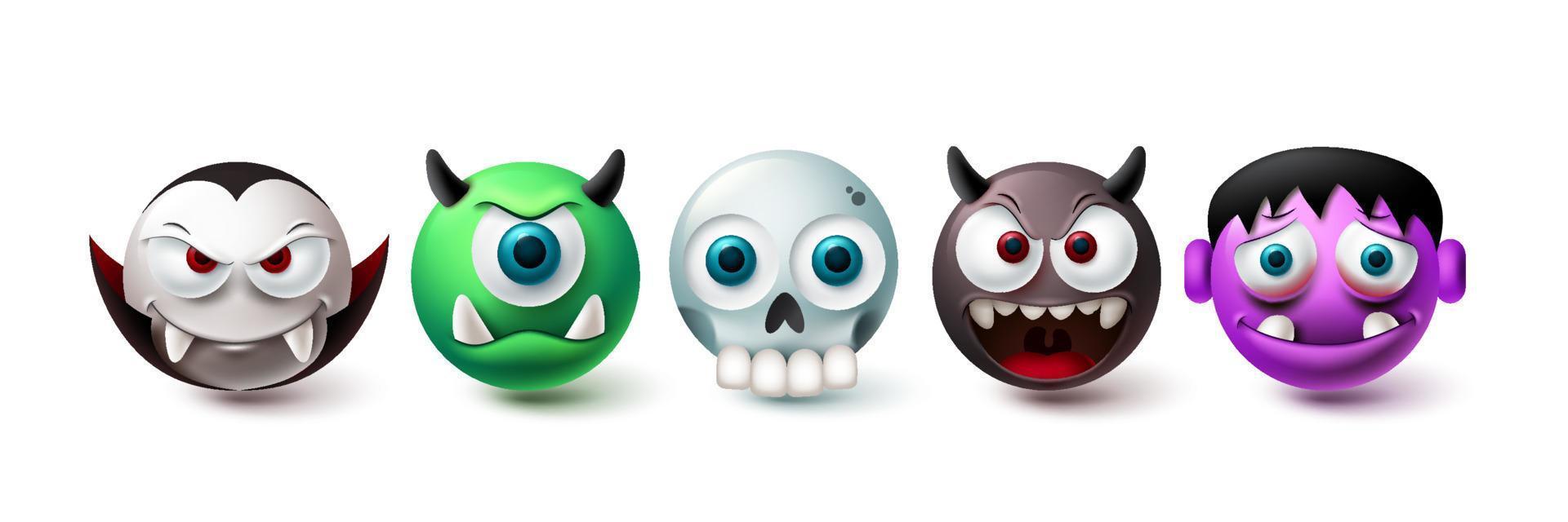 insieme di vettore di halloween emoji. elementi grafici di emoji nella collezione di personaggi inquietanti, horror e spaventosi isolati in uno sfondo bianco. illustrazione vettoriale