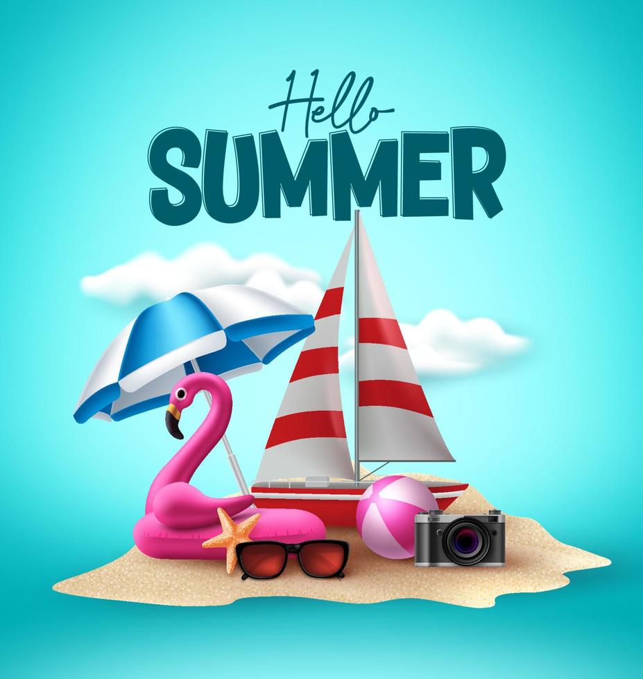 ciao disegno vettoriale estivo. elementi della spiaggia estiva e ciao testo estivo sullo sfondo dell'isola di sabbia per la stagione delle vacanze. illustrazione vettoriale.