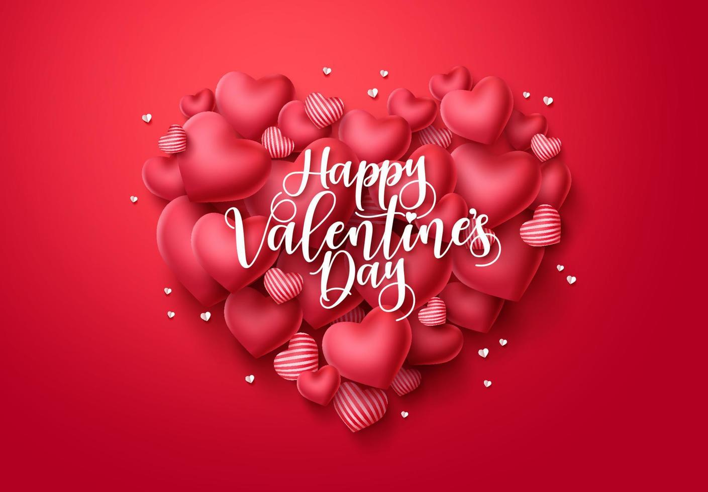 biglietto di auguri di San Valentino cuori vettoriale. felice giorno di san valentino testo con elementi a forma di cuore su sfondo rosso. illustrazione vettoriale. vettore