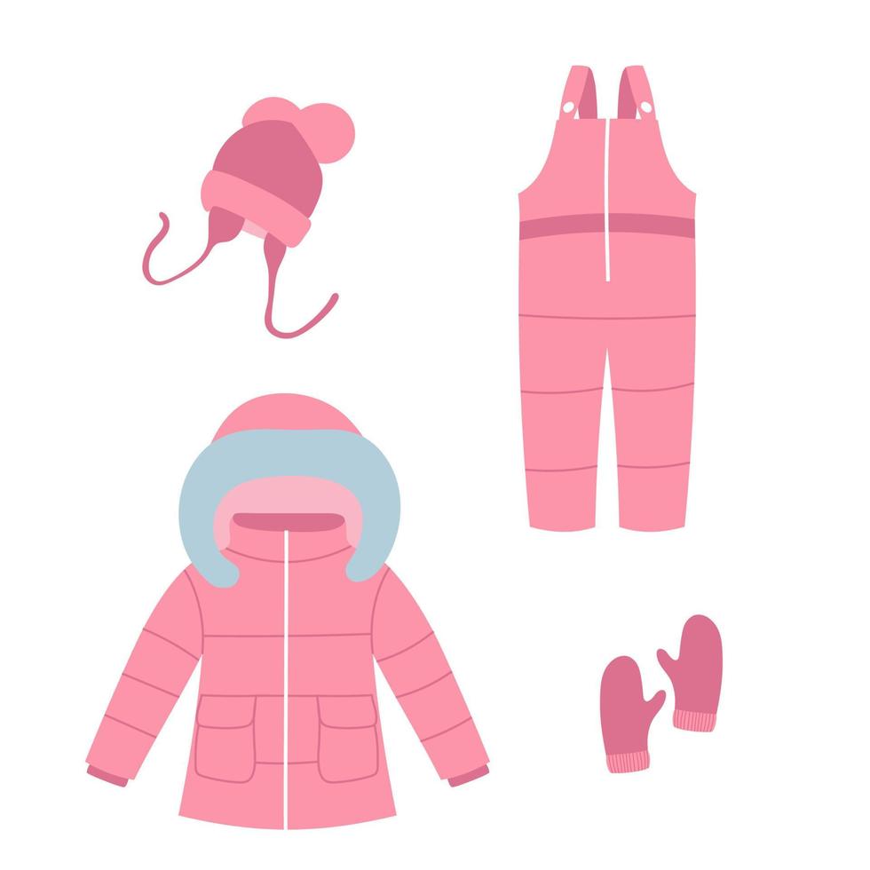 cappotto invernale rosa, tuta, guanti e cappello per bambini. elementi di vestiti caldi vettore