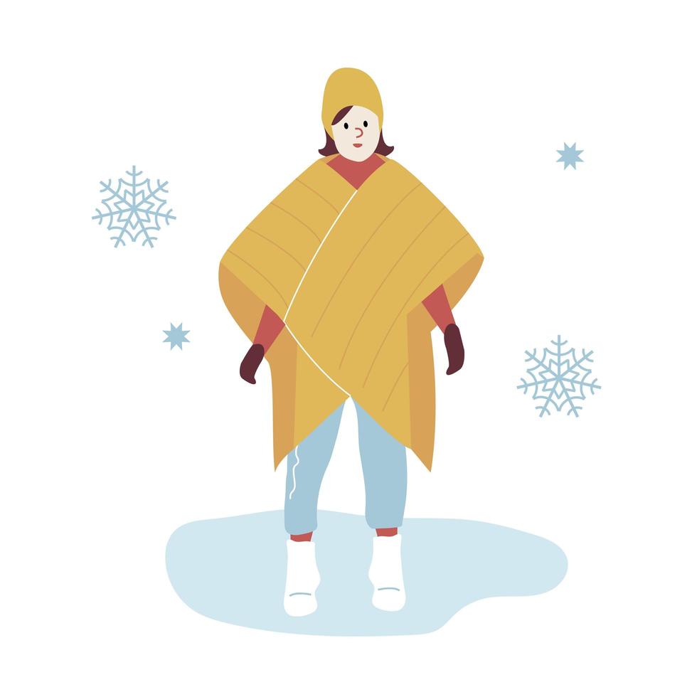 donna in una passeggiata invernale in capispalla alla moda. ragazza in vestiti caldi di inverno tra i fiocchi di neve che camminano sul parco. illustrazione vettoriale in stile piatto isolato su sfondo bianco