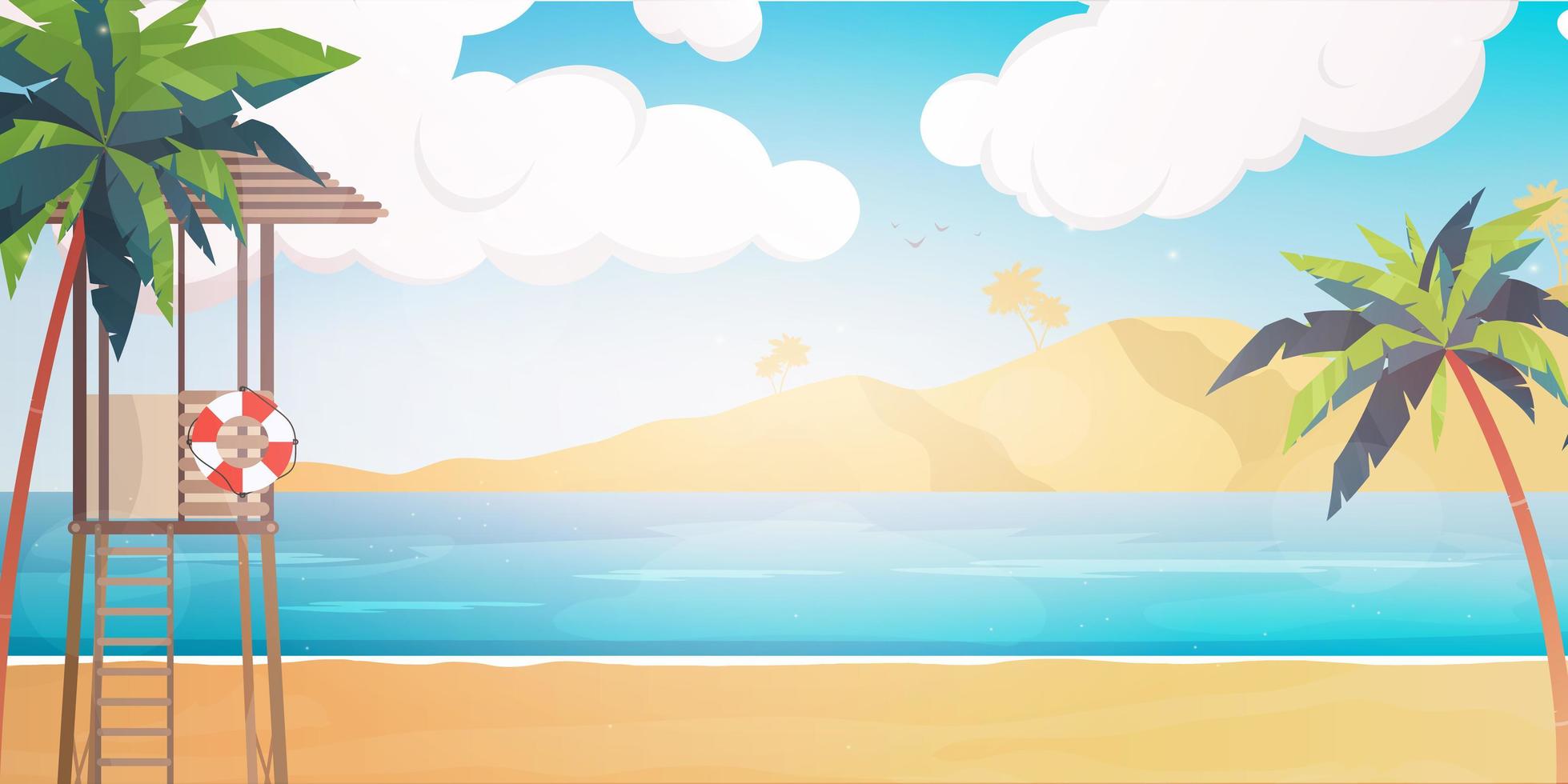 spiaggia con un posto di salvataggio. illustrazione estiva in stile cartone animato. vettore