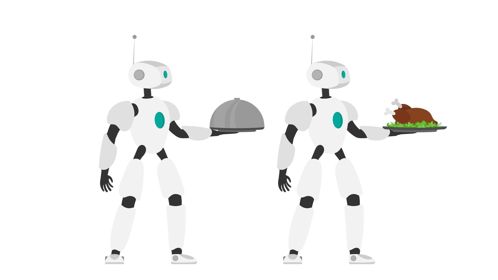 il robot tiene in mano un vassoio di metallo con carne fritta. cameriere robot. il concetto di futuri lavoratori del caffè. isolato. vettore. vettore