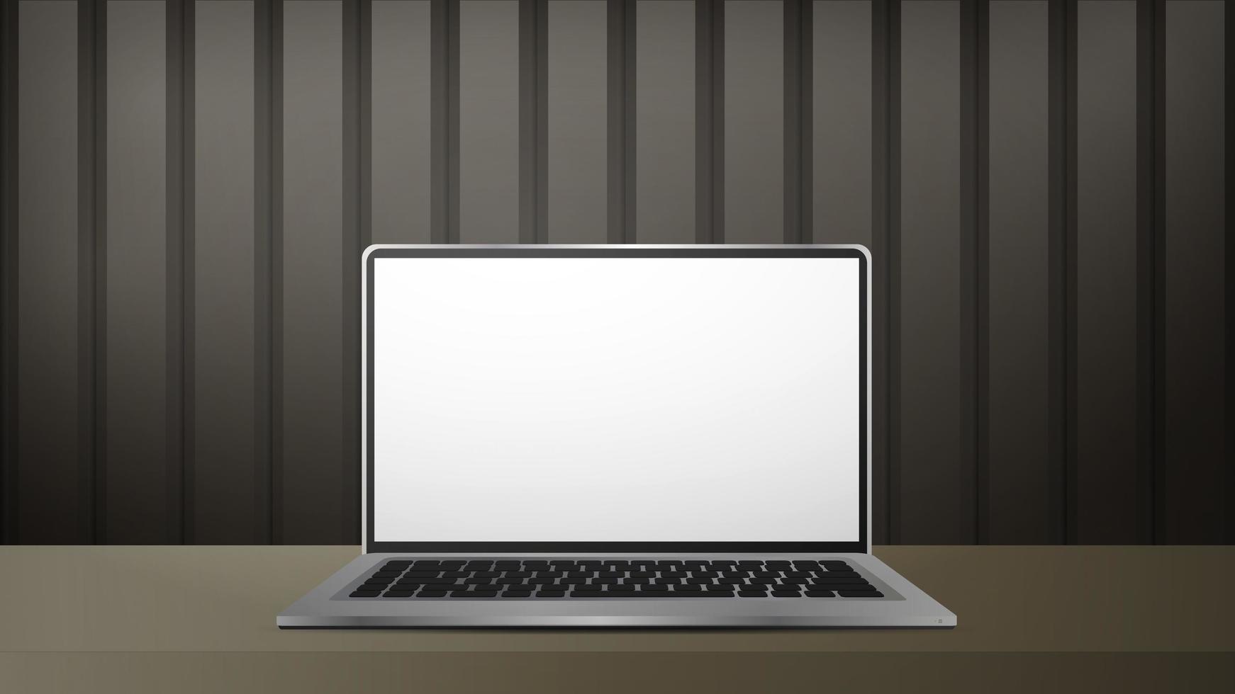 un laptop con uno schermo bianco è sul tavolo. sfondo di poster realistico marrone a strisce con metallo o legno lucido. vettore realistico.