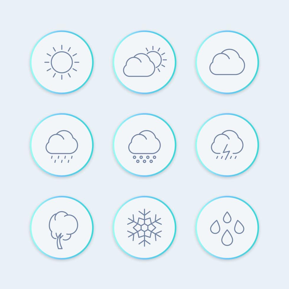 icone delle linee meteorologiche, elementi di previsioni del tempo, tempo soleggiato, nuvoloso, pioggia, fiocco di neve, grandine, icone rotonde di neve, simboli meteorologici, vettore