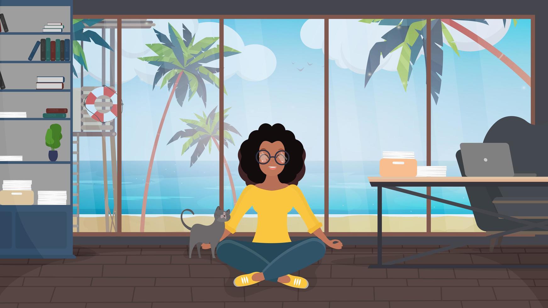 la ragazza sta meditando in una stanza con una grande finestra panoramica che si affaccia sulla spiaggia. la donna sta facendo yoga. concetto di vacanza estiva. vettore