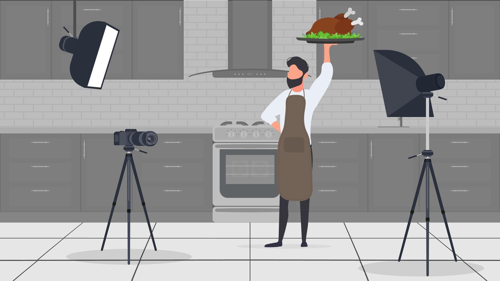 un cuoco maschio in cucina ha un blog culinario. il ragazzo nel grembiule da cucina tiene in mano pollo fritto. vettore. vettore