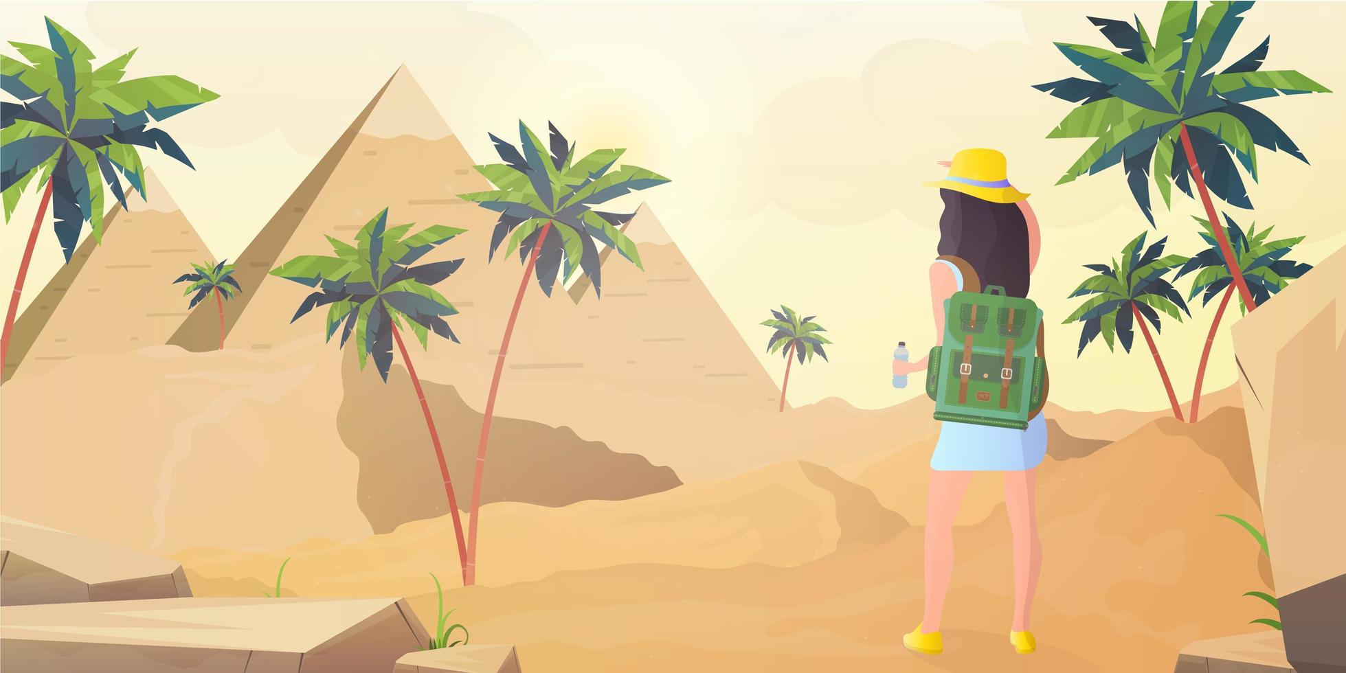 la ragazza guarda le piramidi egizie. deserto del sahara in stile cartone animato. illustrazione vettoriale. vettore