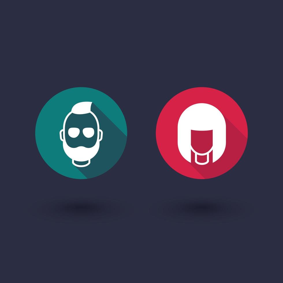 avatar icone rotonde con ombra lunga, ragazza e uomo barbuto, illustrazione vettoriale