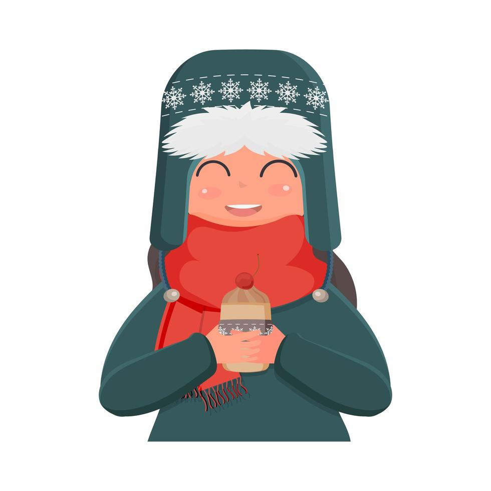 una ragazza con un cappello lavorato a maglia invernale e una sciarpa rossa tiene in mano una bevanda calda. una ragazza carina in abiti invernali beve una bevanda calda. concetto di natale e capodanno. vettore