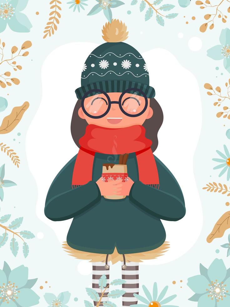 una ragazza in abiti invernali caldi tiene in mano una tazza con una bevanda calda. carta pronta con fiori. illustrazione vettoriale. vettore