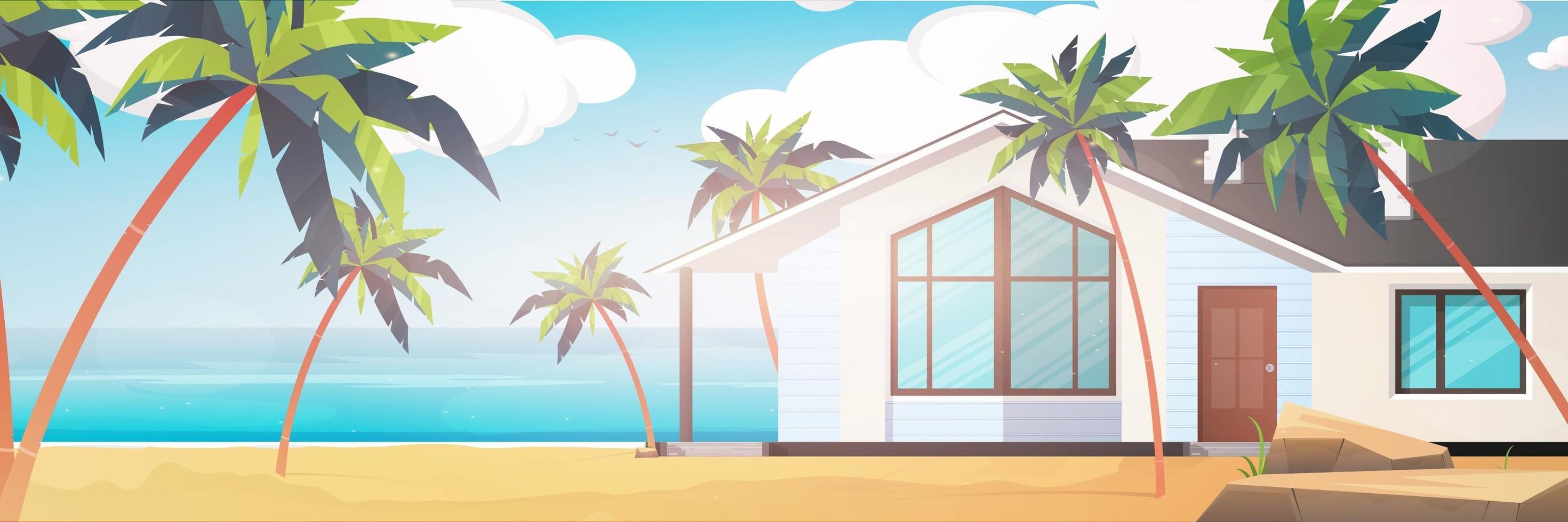un hotel su un mare azzurro, pulito e calmo. villa su una spiaggia sabbiosa con palme. concetto di vacanza estiva. illustrazione vettoriale. vettore