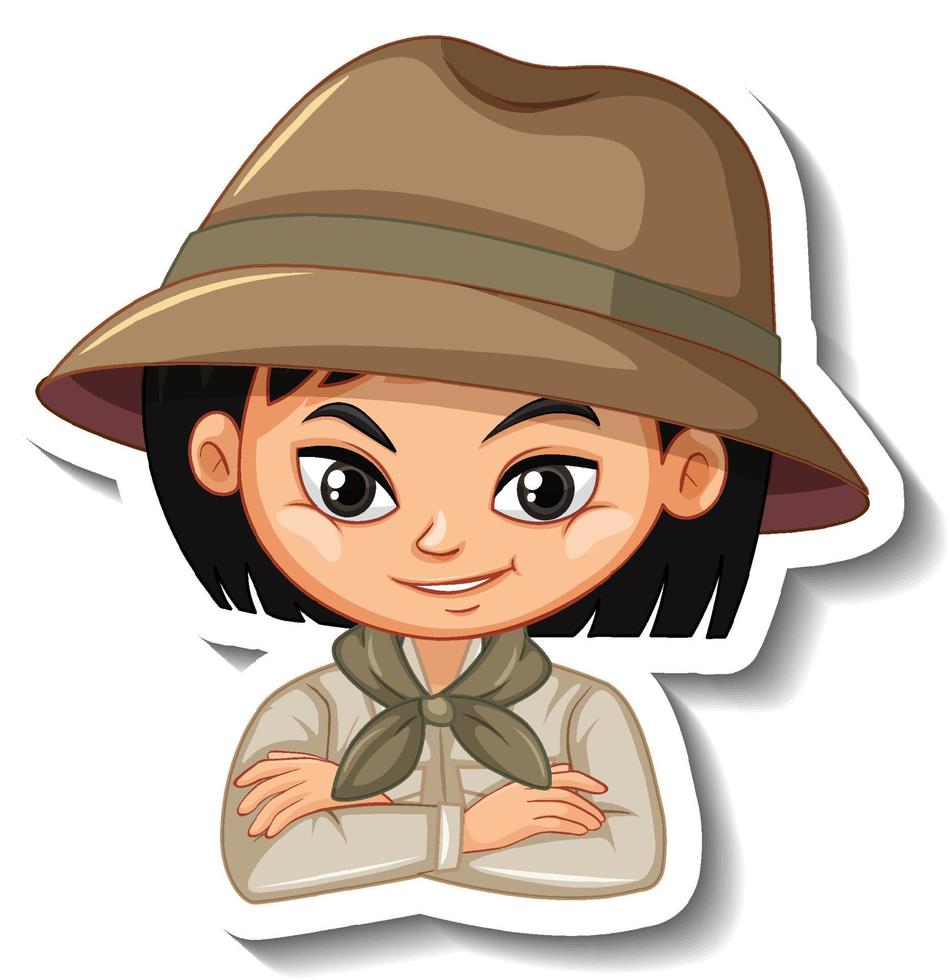 ragazza in costume da safari adesivo personaggio dei cartoni animati vettore