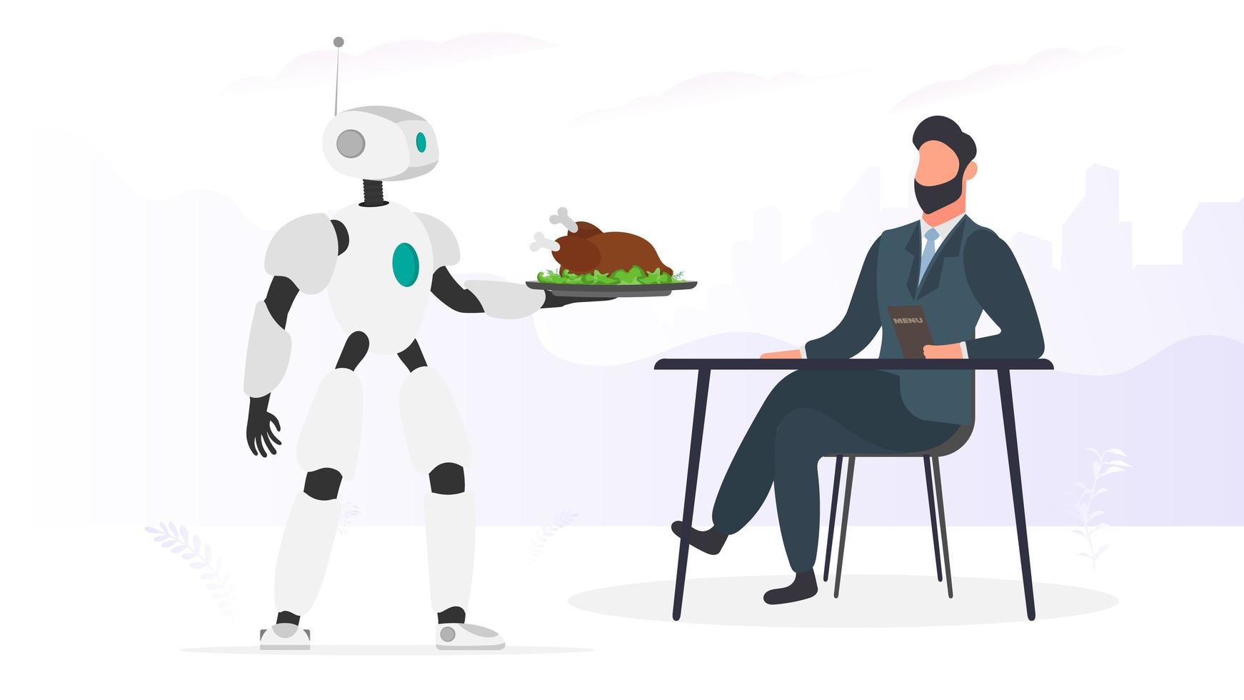 il cameriere robot ha portato il cibo per l'uomo. il robot tiene il vassoio di metallo con carne fritta. concetto di futuri lavoratori del caffè. vettore. vettore