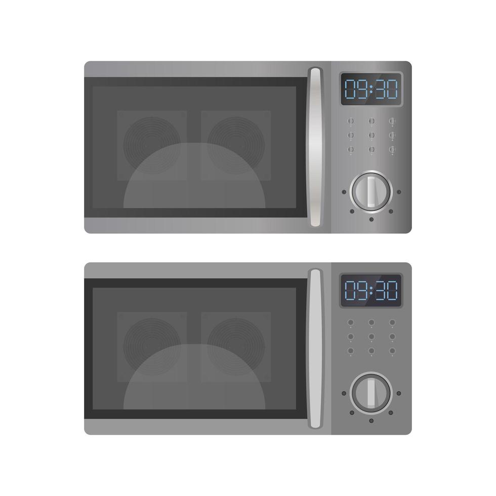 set di microonde in uno stile realistico e piatto. forno a microonde cucina isolato su uno sfondo bianco. vettore. vettore