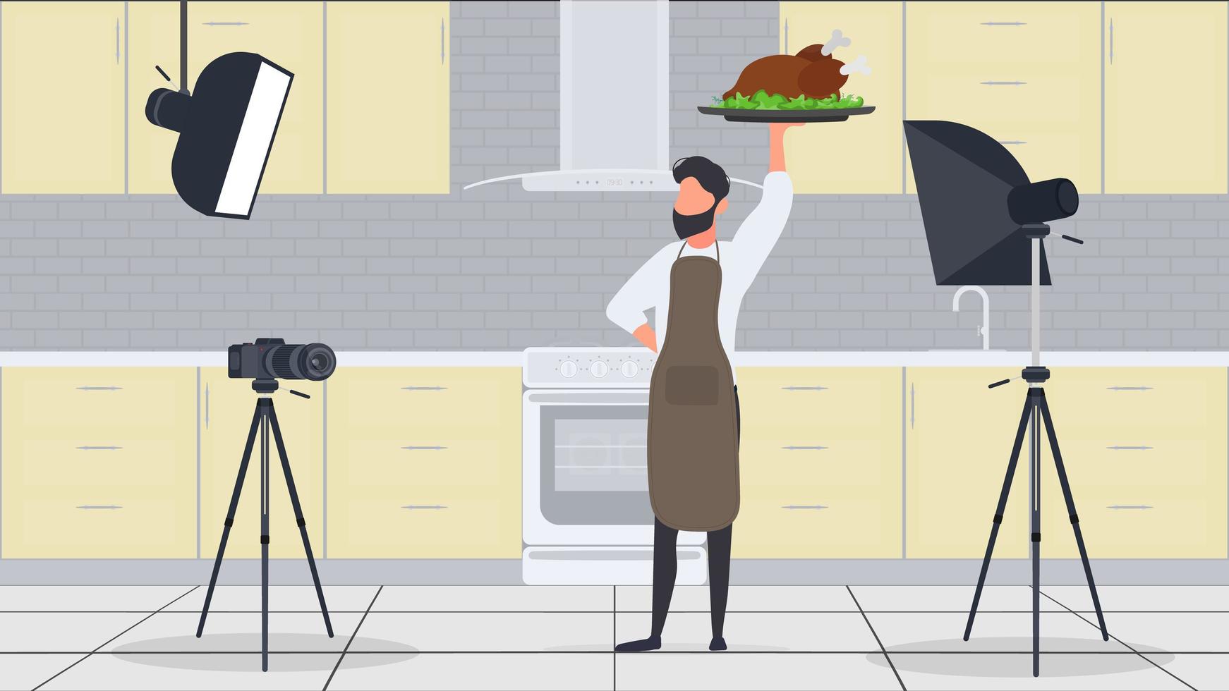 un cuoco maschio in cucina ha un blog culinario. il ragazzo nel grembiule da cucina tiene in mano pollo fritto. vettore. vettore