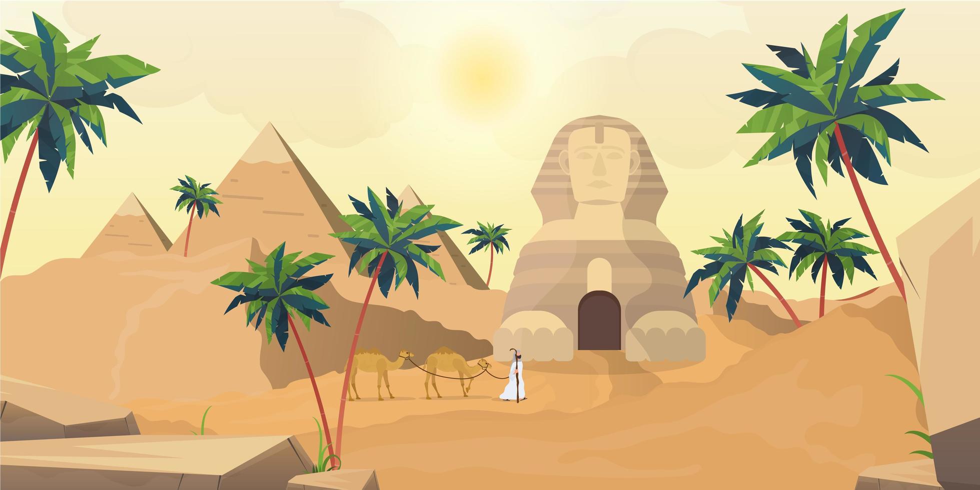 piramidi egizie e la sfinge. deserto del sahara in stile cartone animato. illustrazione vettoriale. vettore