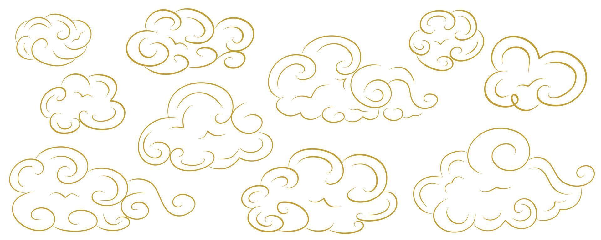nuvole cinesi d'oro con riccioli in un set su uno sfondo bianco. disegno celeste orientale di diverse forme di nuvole in stile piatto. illustrazione vettoriale. vettore
