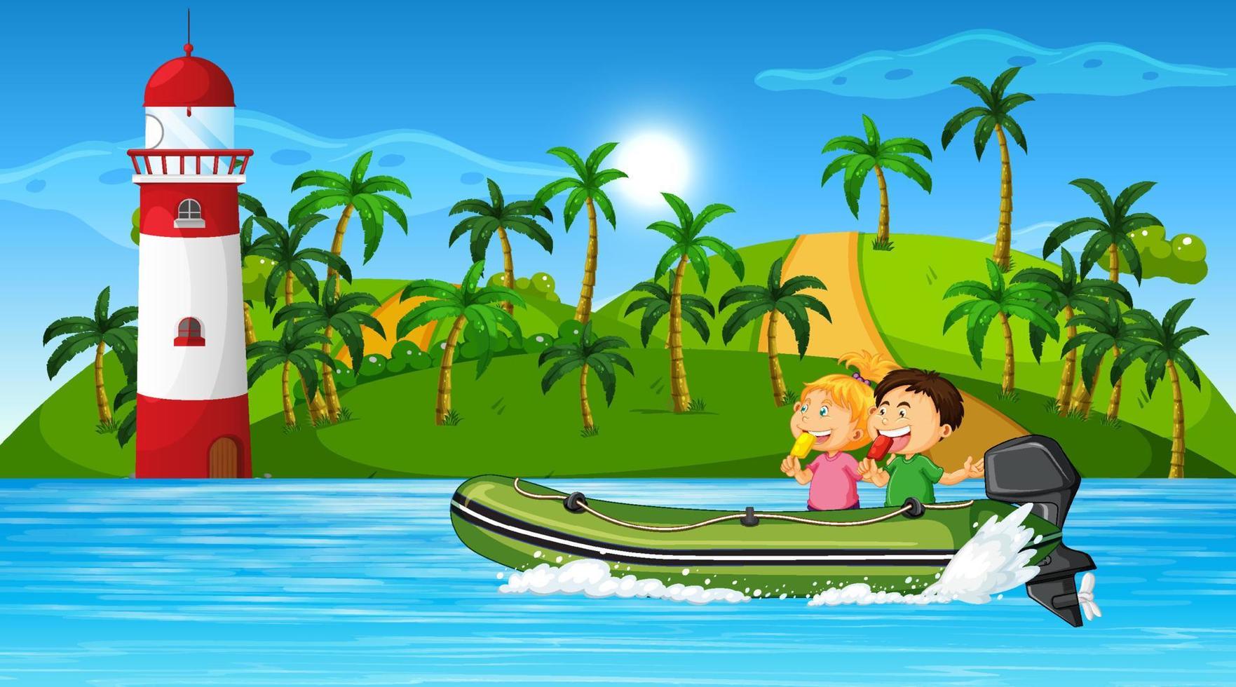 paesaggio oceanico con bambini su gommone a motore vettore