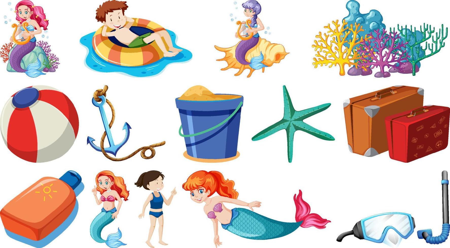 set di oggetti da spiaggia estivi e personaggi dei cartoni animati vettore