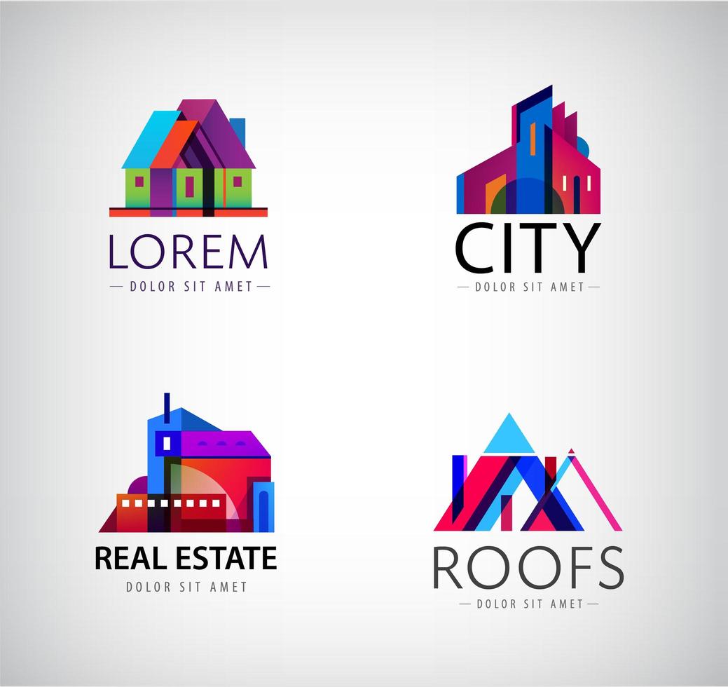 set vettoriale di loghi di città moderne, segni di costruzione di affari, paesaggio urbano, grattacieli