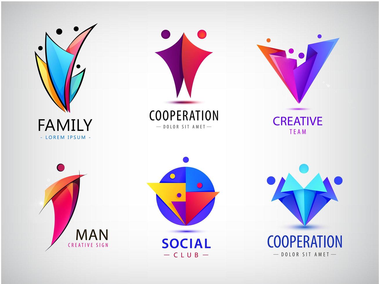 set vettoriale di loghi umani, gruppi di persone. famiglia, lavoro di squadra di affari, concetto di amicizia. origami 3D