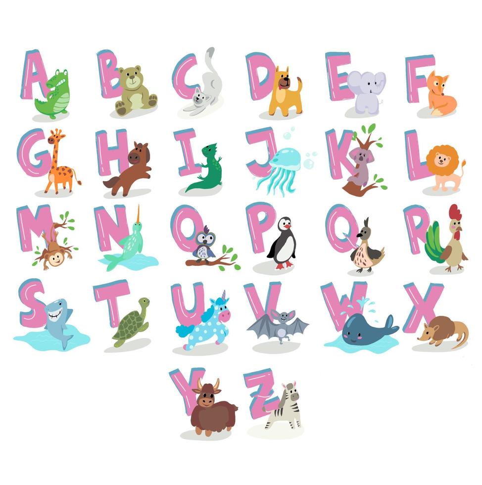 alfabeto animale. alfabeto illustrato animale dei cartoni animati dalla a alla z. illustrazione vettoriale. simpatici animali divertenti. alfabeto inglese. imparare a leggere vettore