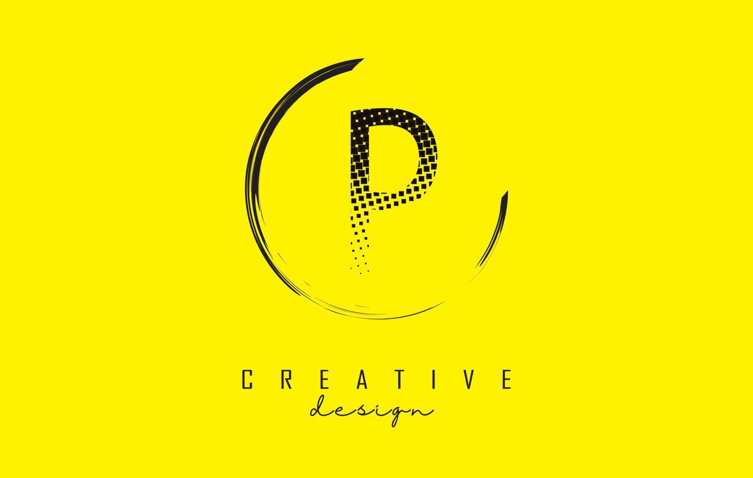 p lettera logo design con quadrati neri e cornice circolare su sfondo giallo brillante. vettore